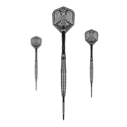 Freccette in acciaio Shot Goths Wulfaz Turbo Point - 23 g Das Bild zeigt das Shot Goths Wulfaz Turbo Point Steeldarts - 23g Set. Alle Teile des Dart Sets sind deutlich zu erkennen.