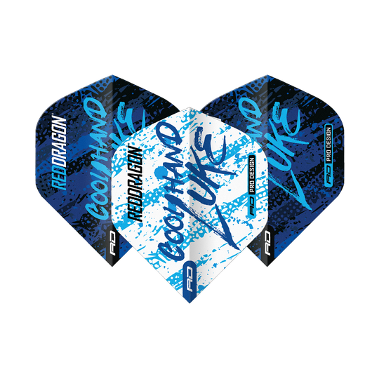 Red Dragon Luke Humphries Campione del mondo Voli standard Blu Bianco Yin Yang Das Bild zeigt drei Dart-Flights mit dem Design "Red Dragon Luke Humphries World Champion Blue White Yin Yang". Die Flights sind in Blau, Weiß und Schwarz gehalten und tragen die Aufschrift "Cool Hand Luke".