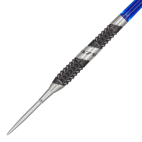 Das Bild zeigt einen Target 975 Ultra Marine 02 Swiss Point Steeldart. Der Dart hat eine silberne Spitze, einen schwarzen, strukturierten Griffbereich und einen blauen Schaft.