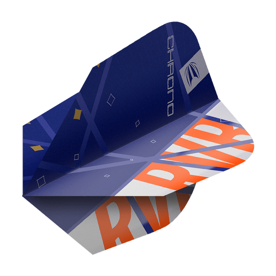Target Pro Ultra Raymond Van Barneveld Chrono Ten-X Standard Flights - 3 set Das Bild zeigt ein Dart-Flight aus der Serie "Target Pro Ultra Raymond Van Barneveld Chrono Ten-X Standard". Das Flight ist hauptsächlich blau mit orangefarbenen und weißen Akzenten sowie dem Schriftzug "RV" und "CHRONO".