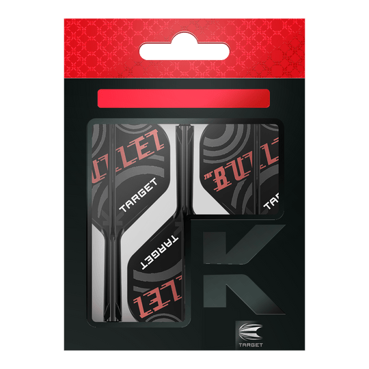 Sistema di alberi di volo standard Target K-Flex Stephen Bunting No2 Die Abbildung zeigt eine Verpackung der "Target K-Flex Stephen Bunting No2 Standard Flights". Die Flights sind schwarz, weiß und rot gestaltet und tragen die Aufschrift "THE BULLET" sowie "TARGET".
