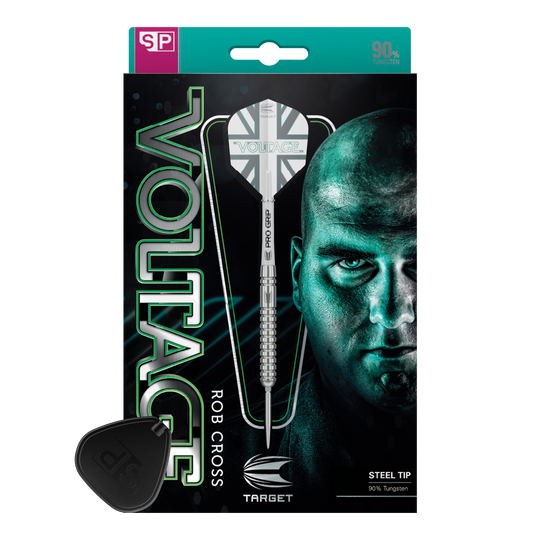 Freccette in acciaio Target Rob Cross Voltage Swiss Point Das Bild zeigt die Verpackung der "Target Rob Cross Voltage Swiss Point Steeldarts". Auf der Verpackung sind ein Dartpfeil und das Gesicht eines Mannes prominent abgebildet.