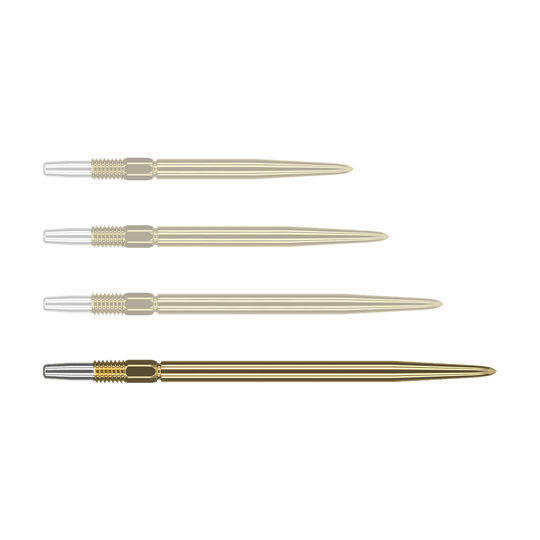 Punte per freccette Target Swiss Point Gold Auf dem Bild sind vier goldfarbene Dartspitzen zu sehen, die nebeneinander liegen. Die Spitzen haben einen silbernen Abschnitt am linken Ende und sind ansonsten komplett goldfarben.