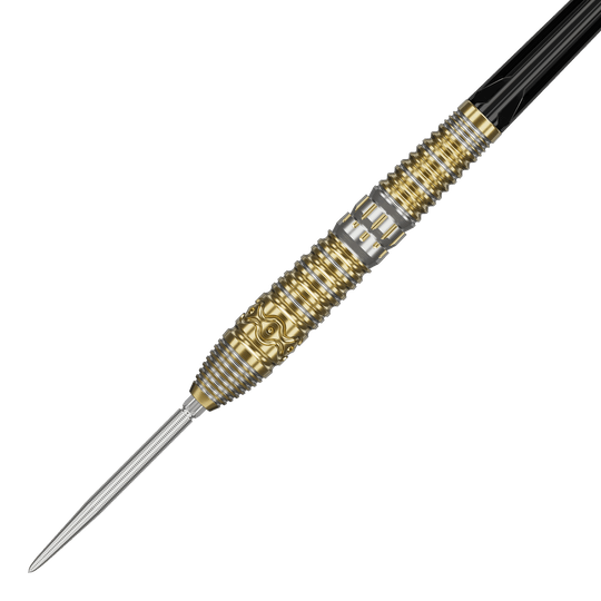 Das Bild zeigt einen Target Japan Hot Shot GEN2 Steeldart mit einem Gewicht von 23g. Der Steeldart hat ein auffälliges Design mit goldenen und silbernen Rillen und Mustern am Barrel.