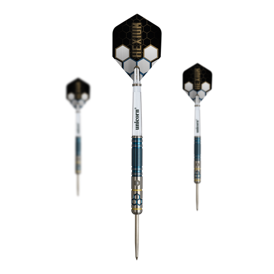 Freccette in acciaio Unicorn Hexium Style 02 blu e oro Auf dem Bild ist ein Set der Unicorn Hexium Style 02 Blue & Gold Steeldarts abgebildet. Das Set enthält Steeldarts in eleganten Farben.
