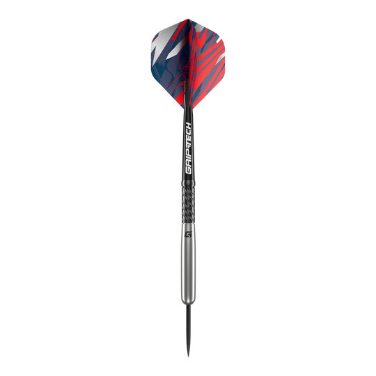 Freccette in acciaio al tungsteno per baseball GOAT Homerun Das Bild zeigt den GOAT Homerun Baseball Tungsten Steeldart. Der Dart hat auffällige Flights in Rot, Blau und Weiß sowie einen silbernen Schaft mit der Aufschrift "GRIP-TECH".