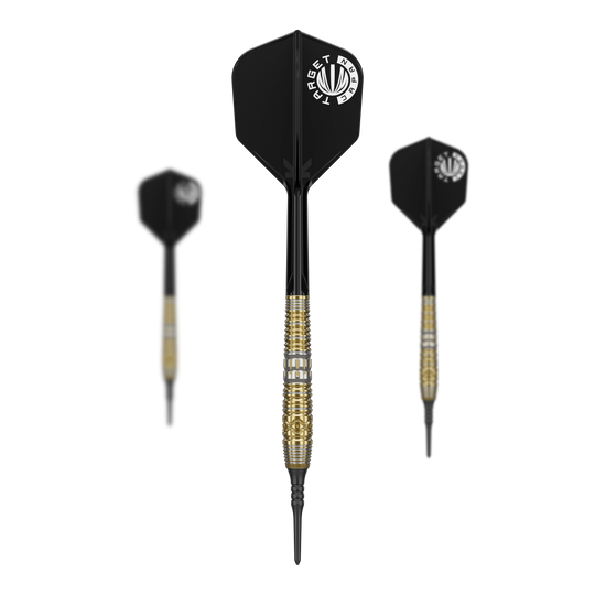 Target Japan Hot Shot GEN2 Freccette morbide - 19 g Auf dem Bild sind drei Softdarts des Produkts "Target Japan Hot Shot GEN2 Softdarts - 19g" zu sehen. Die Darts haben schwarze Flights und goldene Griffe mit feinen Gravuren.