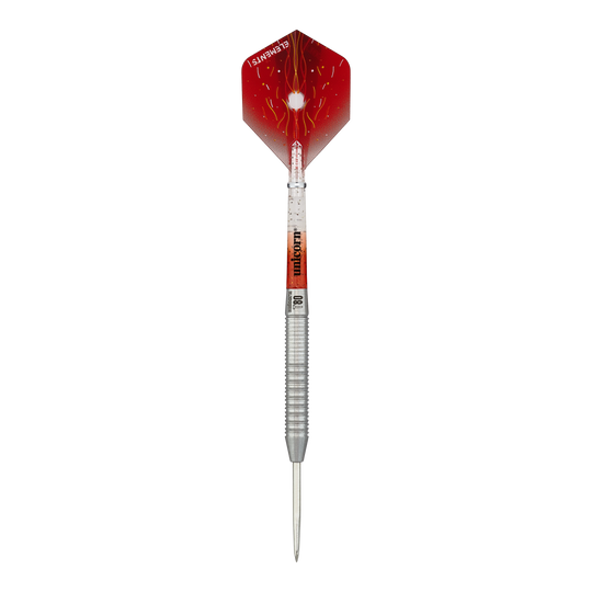 Freccette in acciaio Unicorn Core XL Striker Style 1 - 22 g Das Bild zeigt einen Unicorn Core XL Striker Style 1 Steeldart mit einem Gewicht von 22 Gramm. Der Dart hat eine silberne Spitze und einen roten Flight mit auffälligem Muster.