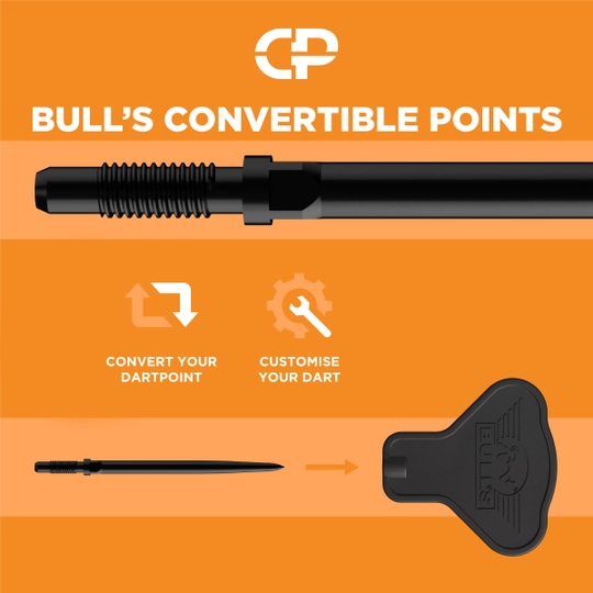 Strumento per i punti convertibili dei Bulls NL Auf dem Bild ist das Bulls NL Convertible Points Tool zu sehen. Dieses Werkzeug wird zum einfachen Wechseln von Dartspitzen verwendet.