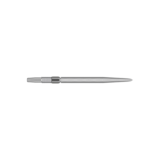 Punte per freccette Target Swiss Point Nano - Argento Das Bild zeigt eine silberne Dartspitze in schlanker, länglicher Form. Die Oberfläche ist fein geriffelt und sieht präzise verarbeitet aus.