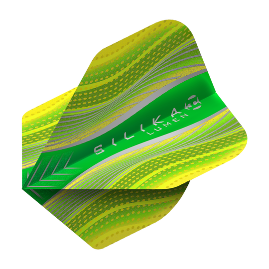 HR79_Harrows_Silika_Lumen_Yellow_No2_Standard_Flights_2 Harrows Silika Lumen Yellow No2 Standard Flights. Die Abbildung zeigt Dartflights mit gelblichen Verzierungen.