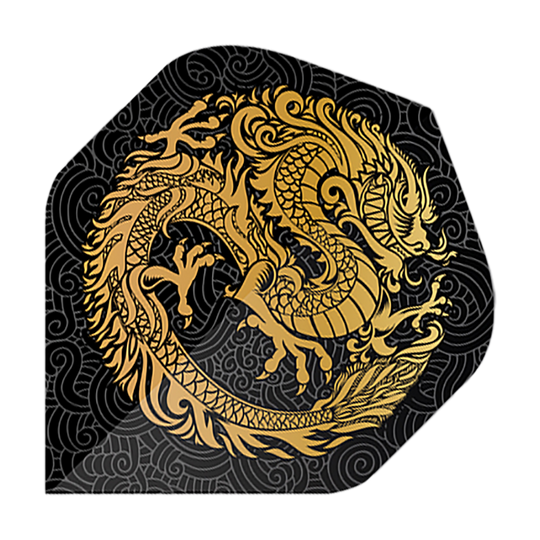 Voli Pentathlon Dragon nero Das Bild zeigt die Pentathlon Dragon 2 Standard Flights. Auf schwarzem Hintergrund ist ein goldener Drache kunstvoll dargestellt.