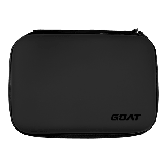 Das Bild zeigt eine schwarze rechteckige Tasche mit abgerundeten Ecken. In der unteren rechten Ecke befindet sich das Logo mit der Aufschrift "GOAT".