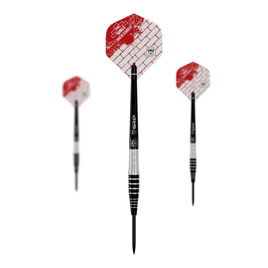 Bulls Martin Schindler Original Generation 3 freccette in acciaio Das Bild zeigt drei Steeldarts des Modells "Bulls Martin Schindler Original Generation 3". Die Flights sind weiß-rot mit Ziegelmuster und der Schaft ist schwarz-silbern gestreift.