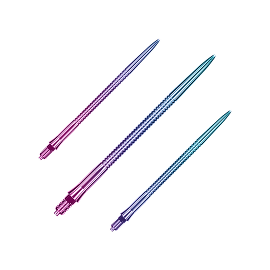 Punte per freccette Caliburn EZ-EVO - Scanalate - Arcobaleno Auf dem Bild sieht man ein Set Caliburn EZ-EVO Dartspitzen mit grooved Rainbow-Optik, 45 mm lang. Die Spitzen zeichnen sich durch ein buntes, geriffeltes Muster aus.