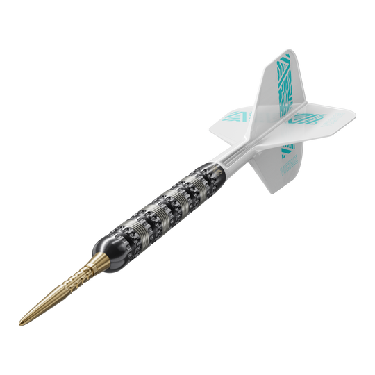 Freccette Target Rob Cross 95K Swiss Point Steel Das Bild zeigt einen Target Rob Cross 95K Swiss Point Steeldart. Der Dart hat eine schwarze Griffzone, eine goldene Spitze und weiße Flights mit türkisfarbenem Muster.