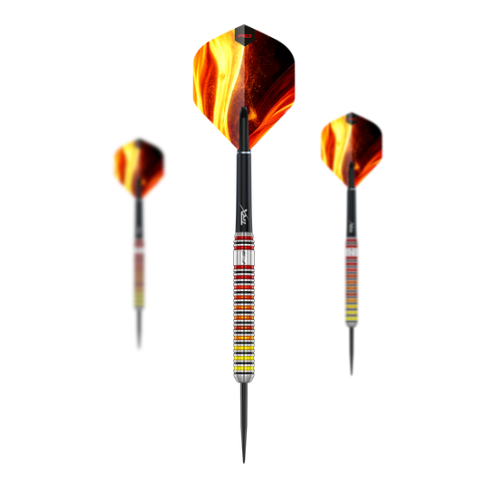 Dardi in acciaio della fornace del Red Dragon Hier sehen Sie das Set der Red Dragon Furnace Steeldarts. Die Darts sind in einer geordneten Anordnung dargestellt.