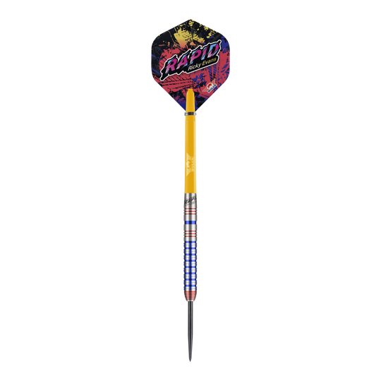 Bulls NL Ricky Evans Rapid Edition Uno Steeldarts Auf dem Bild ist ein Steeldart der Marke Bulls NL, Modell "Ricky Evans Rapid Edition One", zu sehen. Der Dart hat bunte Flights mit dem Schriftzug "RAPID Ricky Evans" und ein auffälliges Griffdesign in Silber, Blau und Rot.