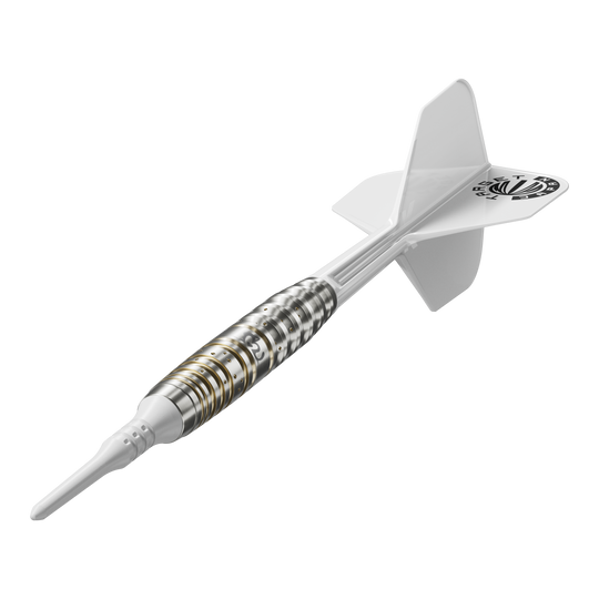 Target Japan Prime Series Mayujo Morita GEN6 Freccette morbide - 18 g Das Bild zeigt einen Softdartpfeil aus der Target Japan Prime Series Mayujo Morita GEN6 mit einem Gewicht von 18g. Der Pfeil hat ein weißes Flight und ein silberfarbenes Barrel mit goldenen Akzenten.