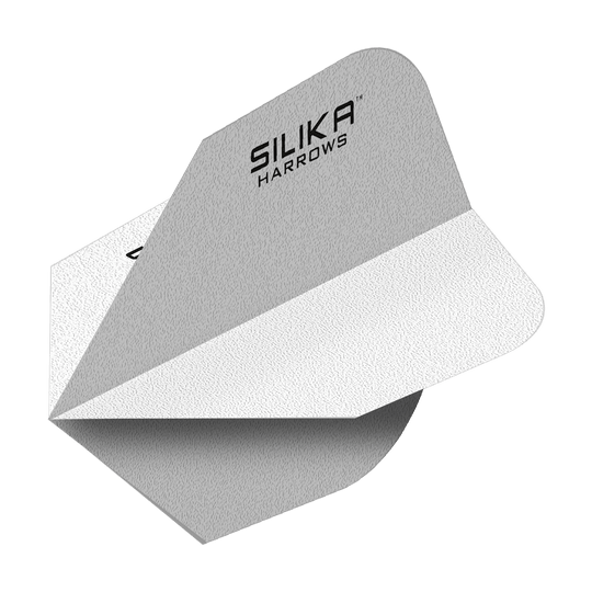 Harrows Silice solida, rivestimento cristallino resistente, alette bianche No6 Das Bild zeigt ein weißes Dart-Flight mit der Aufschrift "Silika Harrows". Das Flight hat eine solide, strukturierte Oberfläche und ist speziell für hohe Haltbarkeit entwickelt.