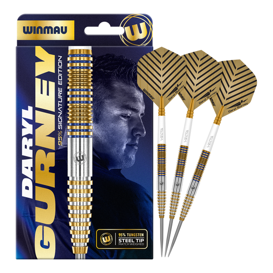 Abgebildet ist das Set Winmau Daryl Gurney Signature Edition Steeldarts - 23g. Die Pfeile zeichnen sich durch ihre hochwertige Verarbeitung aus.