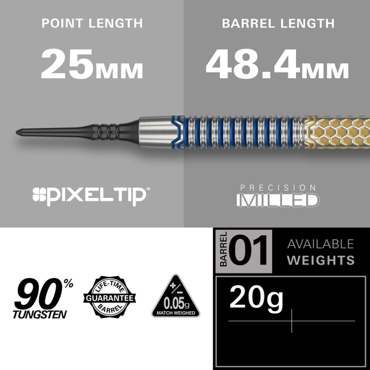 Freccette morbide Target Josh Rock GEN1 - 20 g Das Bild zeigt den Softdart "Target Josh Rock GEN1" mit einem Gewicht von 20g. Der Dart hat eine Spitzenlänge von 25 mm, eine Barrel-Länge von 48,4 mm und besteht zu 90% aus Tungsten.