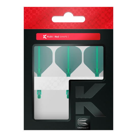 Target K-Flex No2 Standard Flight System - Verde Dart-Flights mit gleichmäßiger Flächenstruktur und definierter Form sind abgebildet. Die Produkte liegen sortiert neben- und übereinander.