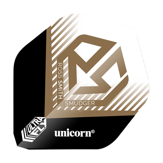 Alette Unicorn Ultrafly 100 Ross Smith Smudger AR1 Das Bild zeigt einen Dartflight mit der Aufschrift „ROSS SMITH SMUDGER“ und einem goldenen Logo auf weißem Hintergrund. Unten befinden sich die Markenbezeichnungen „ultrafly“ und „unicorn“.