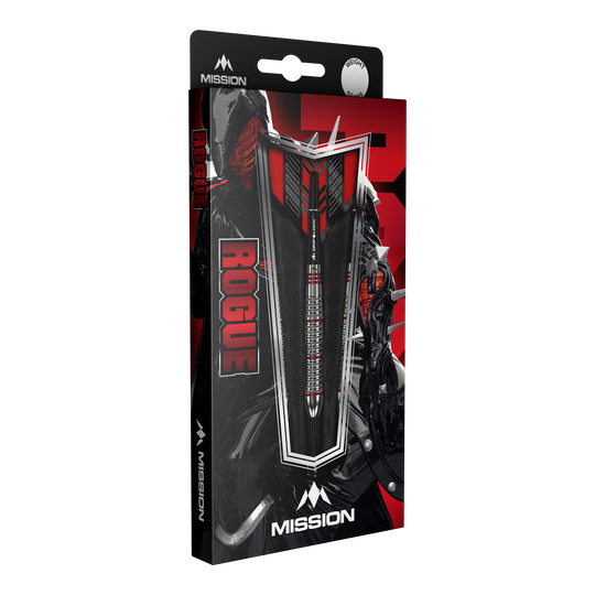 Freccette Mission Rogue in ottone e acciaio - 22 g Die Abbildung zeigt die Verpackung der "Mission Rogue Brass Steeldarts - 22g". Die Verpackung ist überwiegend schwarz und rot gestaltet und zeigt den Dartpfeil sowie das Rogue-Logo deutlich.