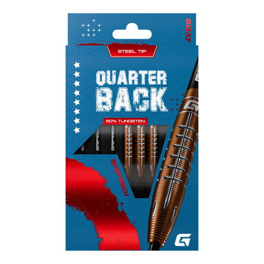 Freccette in acciaio al tungsteno GOAT Quarterback V2 - 24 g Die Verpackung zeigt die "GOAT Quarterback V2 Tungsten Steeldarts - 24g" mit Stahlspitze. Die Darts bestehen zu 90% aus Tungsten und haben ein modernes Design.