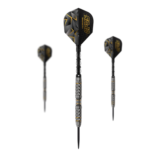 Freccette d'acciaio Harrows Opus Das Bild zeigt drei Steeldarts der Marke Harrows Opus. Die Darts haben ein schwarz-gelbes Design mit auffälligen Griffringen am Barrel.
