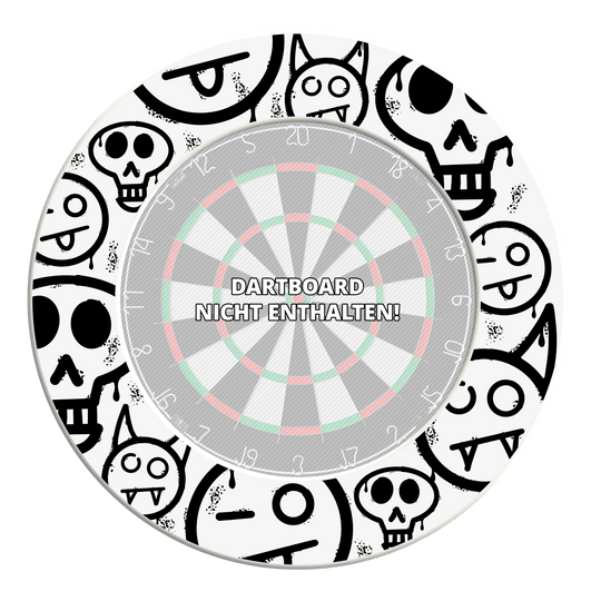 McDart Graffiti Emojis Bersaglio Surround Ein Bild mit dem Dateinamen MSF-A4_McDart_Graffiti_Smilies_Dartboard_Surround_Wei_3. Es zeigt vermutlich ein Produkt mit Graffiti- und Smiley-Design rund um ein Dartboard.