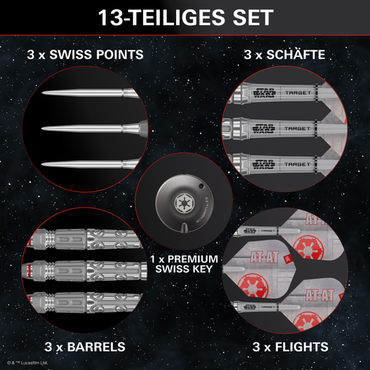 Dardi in acciaio Swiss Point a punta, bersaglio Star Wars AT-AT Auf dem Bild sieht man die Target Star Wars AT-AT Swiss Point Steeldarts. Sie sind von den bekannten AT-AT-Maschinen aus Star Wars inspiriert.