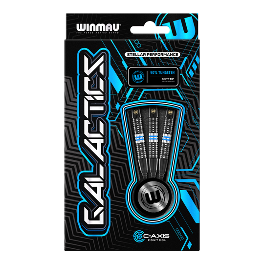 Freccette morbide Winmau Galactics - 20 g Die Abbildung zeigt eine Verpackung der "Winmau Galactics Softdarts - 20g". Das Design ist modern und hebt die wichtigsten Merkmale wie 90% Tungsten und Soft Tip hervor.