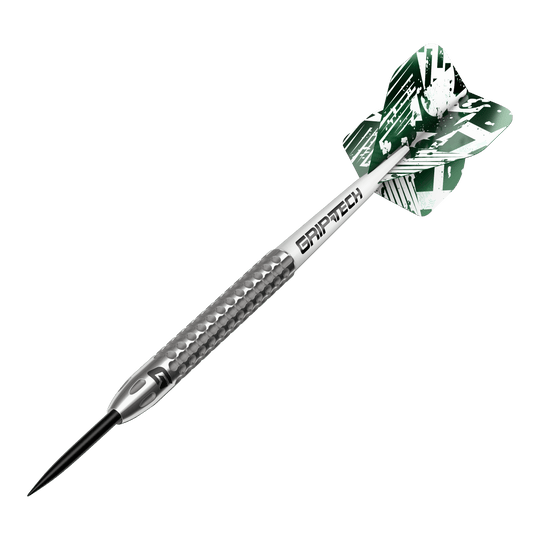 Freccette in acciaio al tungsteno GOAT Fairway V2 Das Bild zeigt einen GOAT Fairway V2 Tungsten Steeldart. Der Dartpfeil hat ein silbernes Griffstück mit strukturierter Oberfläche und grüne Flights mit weißem Muster.