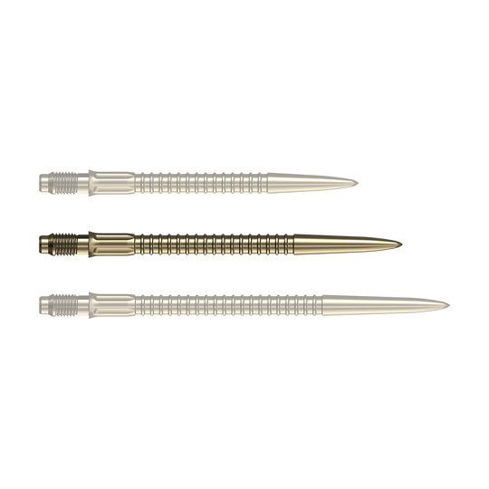 Punte per freccette Mission R2.5 Rapid Point GV1 - Oro Eine goldene Dartspitze mit einer Länge von 35mm ist auf dem Foto zu erkennen. Ideal für Dartspieler zur Erneuerung der Pfeile.