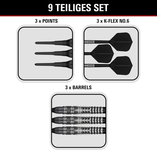 Freccette morbide Target Black Marque Blaze - 18 g Gezeigt werden die Target Black Marque Blaze Softdarts mit 18g Gewicht. Diese Softdarts sind für ambitionierte Spieler entworfen.