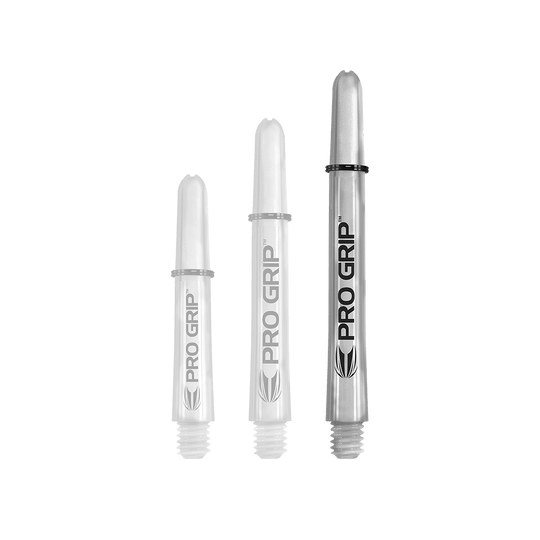 Target Pro Grip Shafts - 3 set - Trasparente Das Bild zeigt drei transparente Pro Grip Shafts in unterschiedlichen Längen. Sie sind mit der Aufschrift "PRO GRIP" und einem schwarzen Logo versehen.