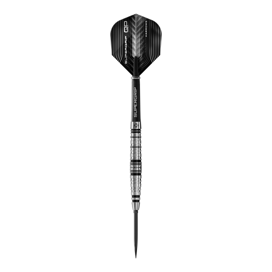 Das Bild präsentiert die Harrows Supergrip Torpedo Quick Point Steeldarts. Sie sind ideal für präzise Würfe und intensiven Einsatz.