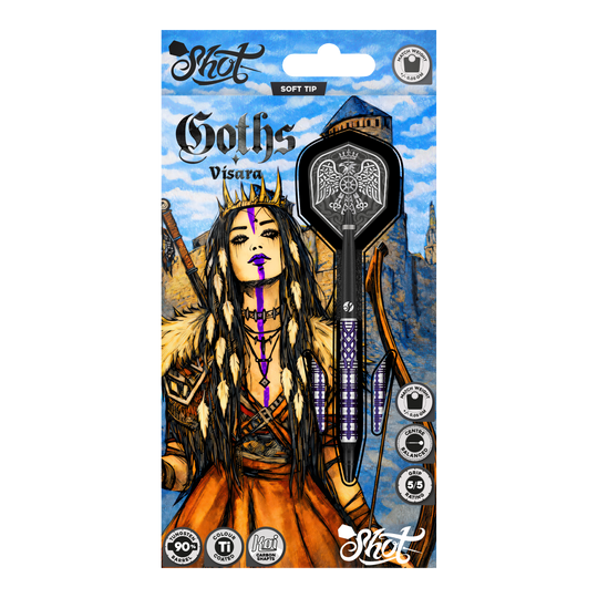 Freccette morbide Shot Goths Visara - 20 g Hier sieht man die Shot Goths Visara Softdarts - 20g. Diese hochwertigen Softdarts sind speziell für den Freizeitsport entworfen.