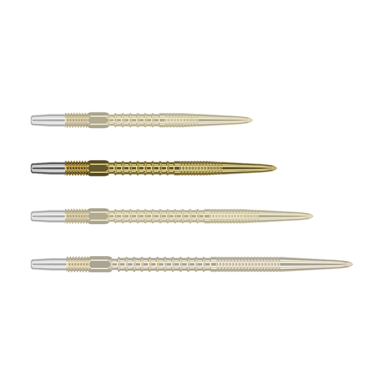 Punte per freccette Target Swiss Firepoint Gold Das Bild zeigt vier goldfarbene Dartspitzen, die nebeneinander liegen. Die Spitzen haben einen silbernen Ansatz und eine gerillte Struktur.