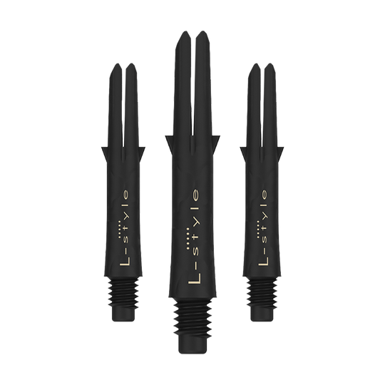 Alberi in carbonio stile L Das Bild zeigt drei schwarze Carbon Shafts für Dartpfeile der Marke L-Style. Die Shafts sind ohne Kappen und besitzen eine goldene Schrift.