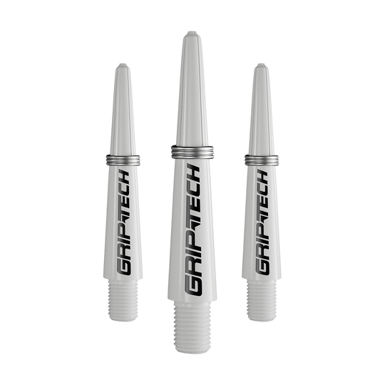 Das Bild zeigt drei silberne Dartschäfte mit der Aufschrift "GRIPTECH". Sie sind aus Kunststoff und haben ein Schraubgewinde am unteren Ende.