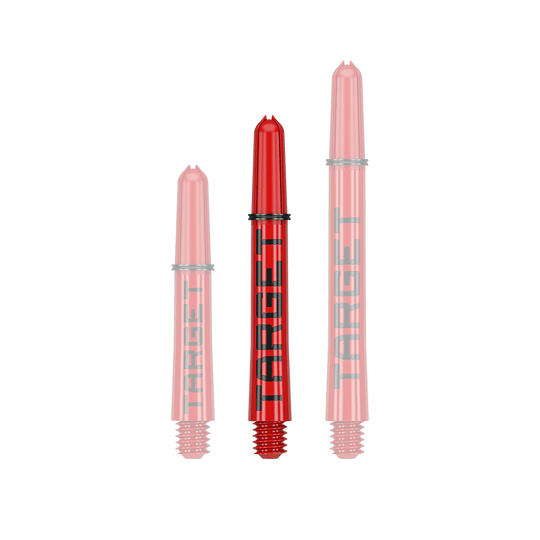 Aste Target Pro Grip TAG - 3 set - Rosso Das Bild zeigt drei rote Dartschäfte in verschiedenen Längen. Auf den Schäften steht in schwarzer Schrift das Wort "TARGET".