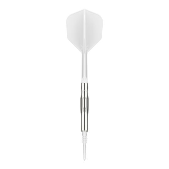 Freccette morbide Target Japan Crux Brave - 18,5 g Das Bild zeigt einen weißen Softdart mit silbernem Schaft. Es handelt sich um das Produkt "Target Japan Crux Brave Softdarts - 18,5g".