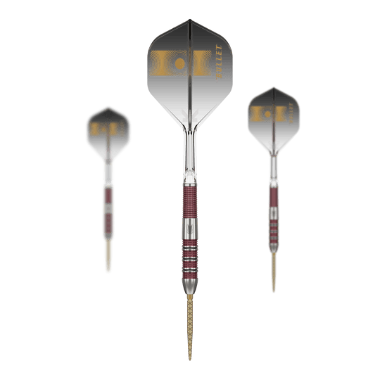 Freccette in acciaio Target Stephen Bunting 95K Swiss Point Das Bild zeigt drei Target Stephen Bunting 95K Swiss Point Steeldarts. Die Darts haben schwarze Flights mit goldenen Akzenten und einen rot-silbernen Griffbereich.