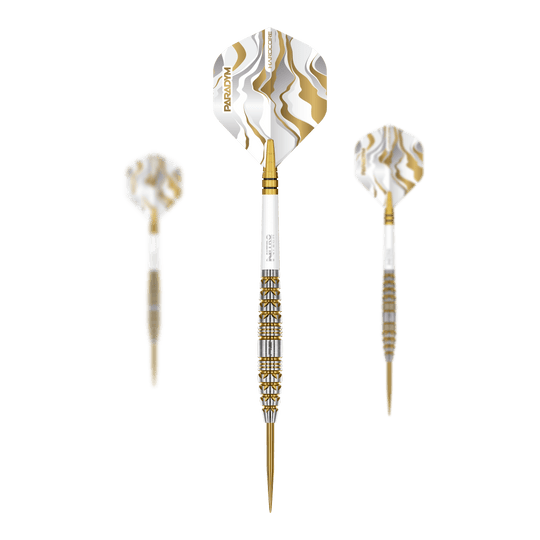 Zu sehen ist das Set der Red Dragon Paradym Gold Torpedo Steeldarts. Dieses Produkt besteht aus mehreren hochwertigen goldenen Steeldarts.