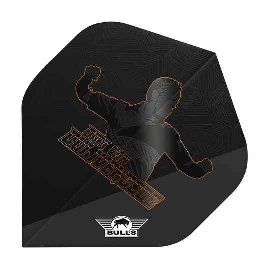 Bulls NL Player 100 Dirk Van Duijvenbode Edition 2 No2 Voli standard Auf dem Bild ist ein schwarzes Dart-Flight mit einer Silhouette eines jubelnden Spielers und dem Namen "Dirk van Duijvenbode" zu sehen. Unten befindet sich das Logo der Marke "Bull's".