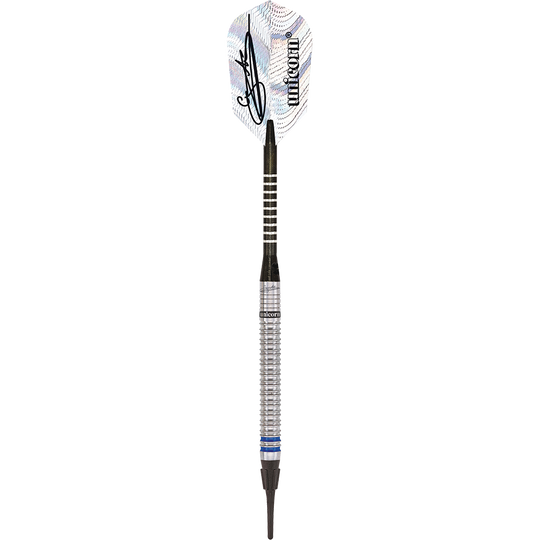 04188_Unicorn_World_Champion_Natural_Phase_3_Gary_Anderson_Softdarts_15c7BwO1UXJc5u Das Bild zeigt einen Softdart der Marke Unicorn World Champion Natural Phase 3 Gary Anderson mit einem Gewicht von 18g. Der Dart hat ein silbernes Griffstück, einen schwarzen Schaft und ein weißes Flight mit Aufdruck.