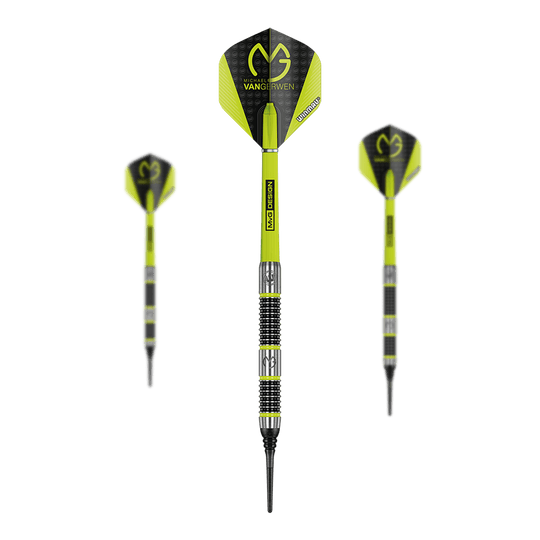 Winmau Michael Van Gerwen MvG Aspire Freccette morbide - 20 g Das Bild zeigt drei gelb-schwarze Softdarts der Marke Winmau Michael Van Gerwen MvG Aspire mit einem Gewicht von 20 Gramm. Auf den Flights ist das MvG-Logo gut sichtbar.